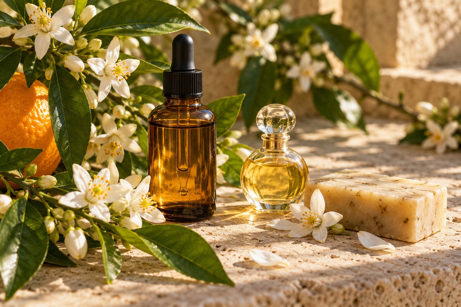 Composición botánica con azahar, aceites y recipientes de perfumería
